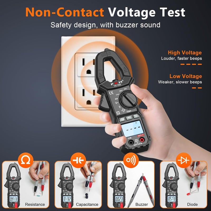 FKM AC/DC Amp Clamp Meter Multimeter Tester TRMS 6000 Counts Auto-ranging Smart Digital Voltage Tester,for AC/DC Current/Voltage,NCV Detection,Capacitance,Resistance,Ohm,Continuity,Diode,Hz,Temp Test - Image 4